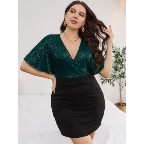 NWOT SHEIN Curve emerald green Sequin Butterfly Sleeve Dress in women's size 1XL - Picture 4 of 14